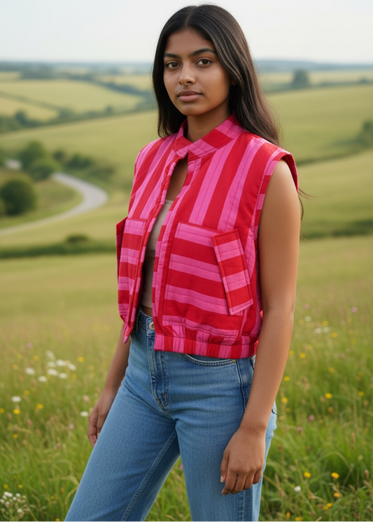 Model wearing ThatRomeo’s Berry Stripe Quilted Vest — pink striped cotton vest with quilted padding and open front.
