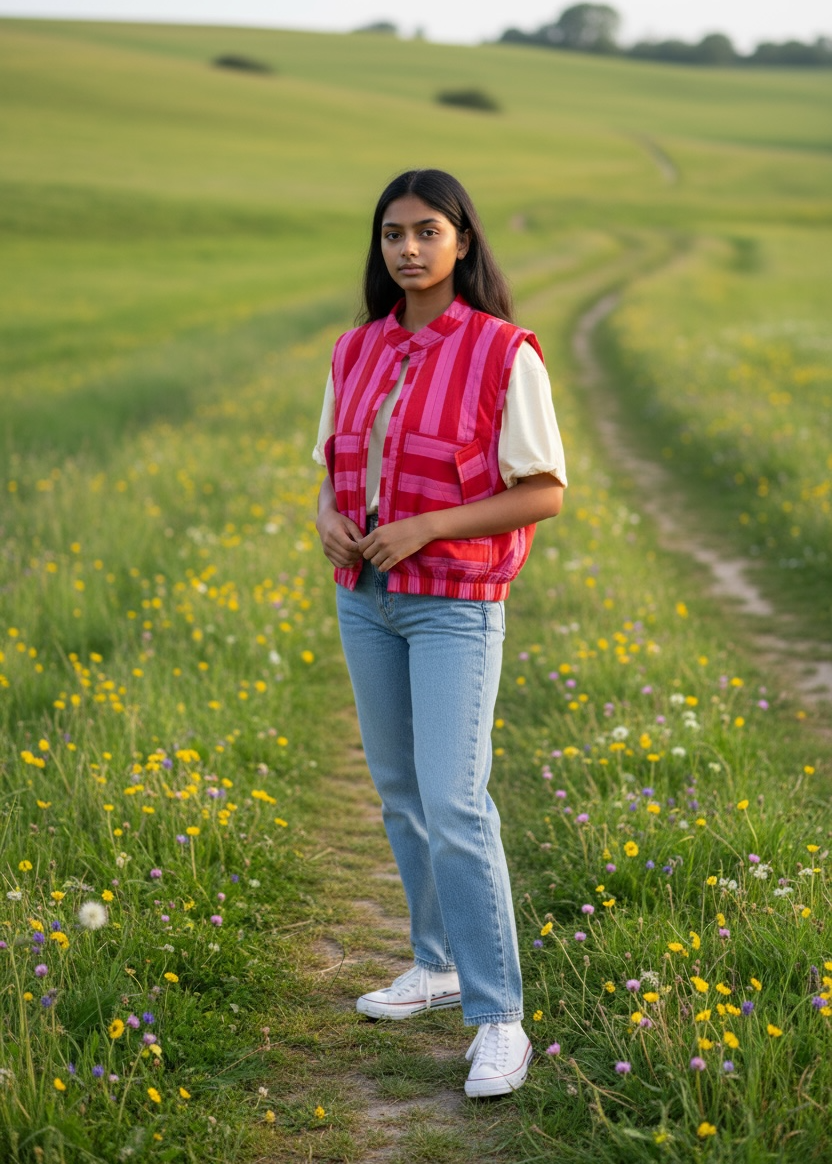 Model wearing ThatRomeo’s Berry Stripe Quilted Vest — pink striped cotton vest with quilted padding and open front.