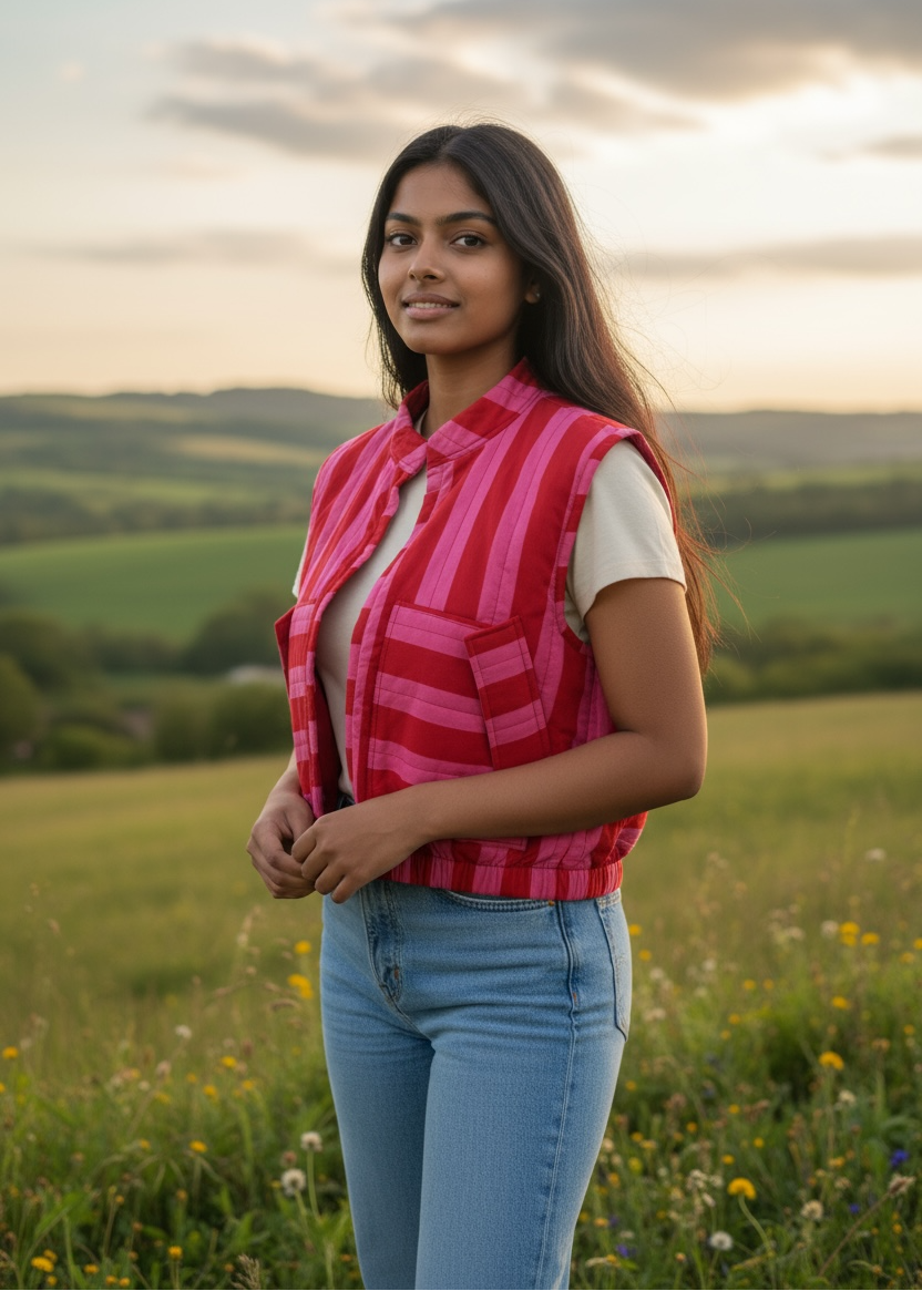 Model wearing ThatRomeo’s Berry Stripe Quilted Vest — pink striped cotton vest with quilted padding and open front.