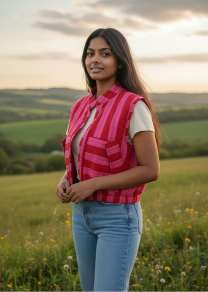 Model wearing ThatRomeo’s Berry Stripe Quilted Vest — pink striped cotton vest with quilted padding and open front.