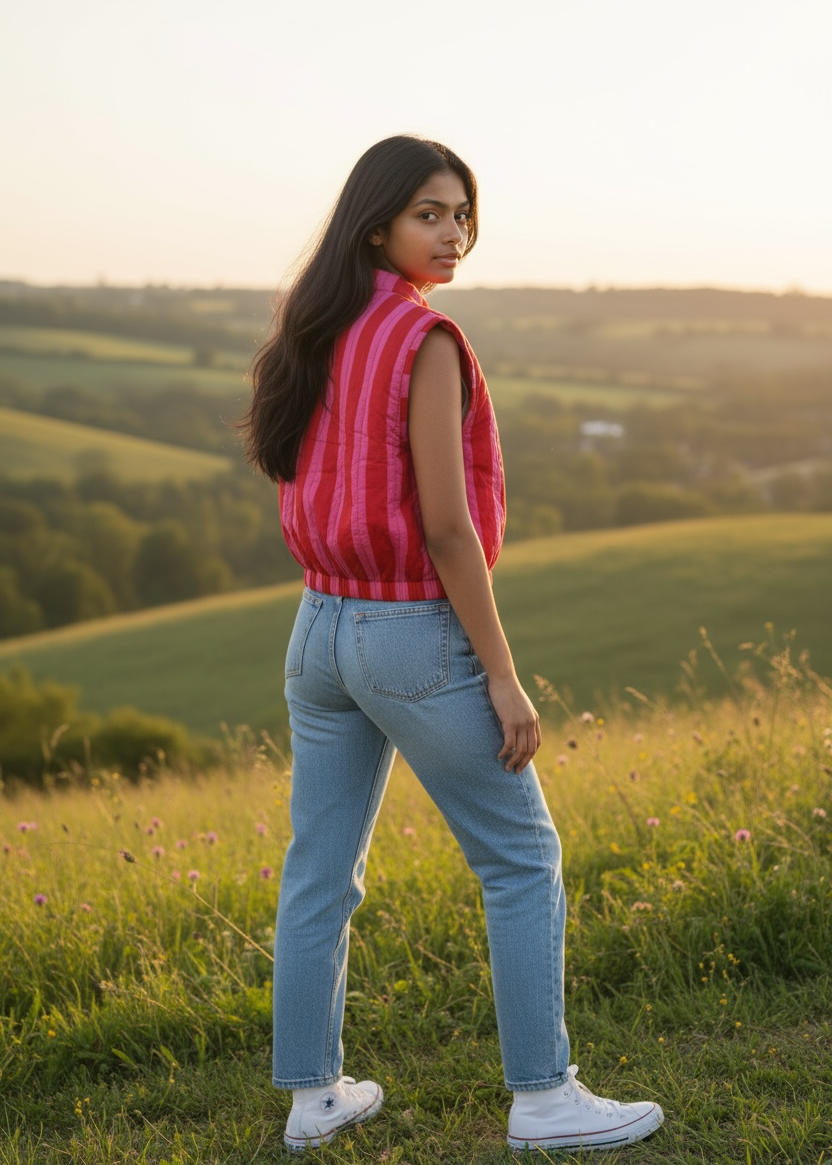 Model wearing ThatRomeo’s Berry Stripe Quilted Vest — pink striped cotton vest with quilted padding and open front.