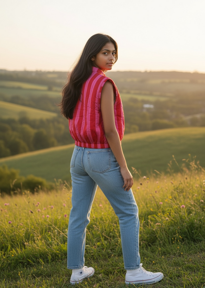 Model wearing ThatRomeo’s Berry Stripe Quilted Vest — pink striped cotton vest with quilted padding and open front.