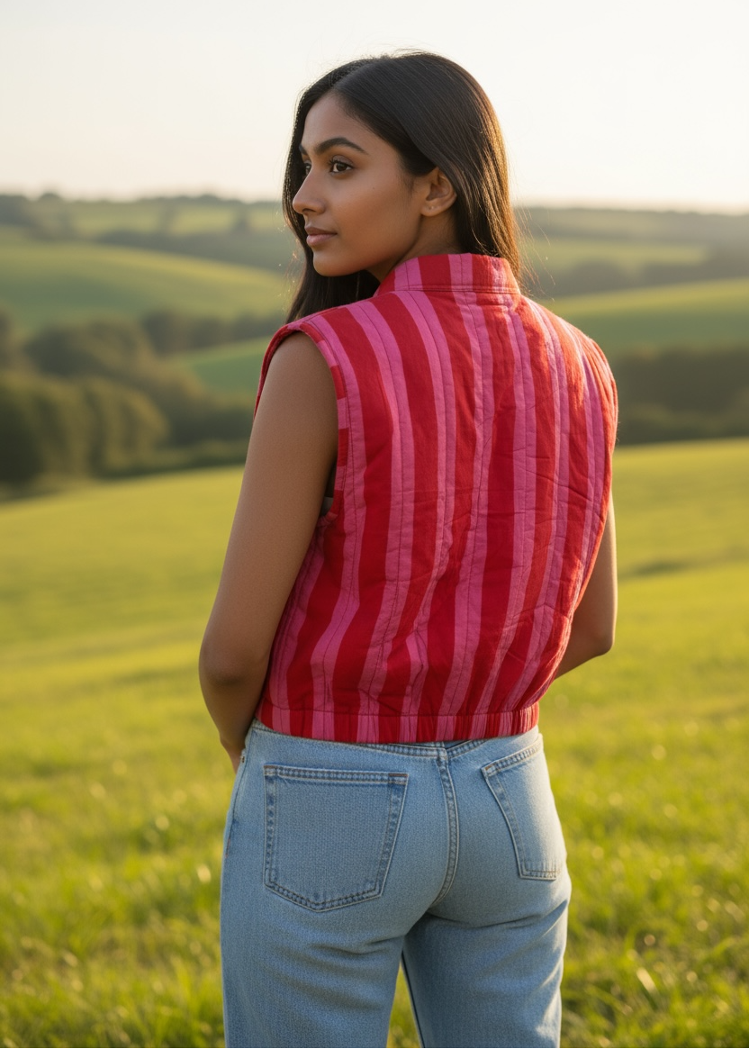 Model wearing ThatRomeo’s Berry Stripe Quilted Vest — pink striped cotton vest with quilted padding and open front.