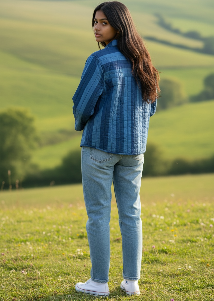 Model wearing ThatRomeo Blue Horizon Stripline Jacket — quilted cotton jacket in layered blue stripes with utility pockets.