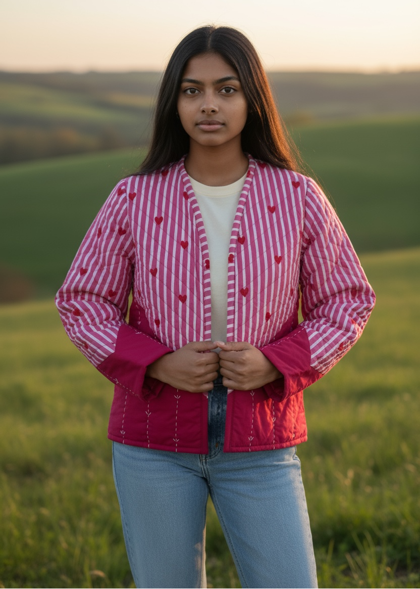 Model wearing ThatRomeo’s Heartline Quilted Jacket — pink striped cotton jacket with red heart embroidery and relaxed fit.