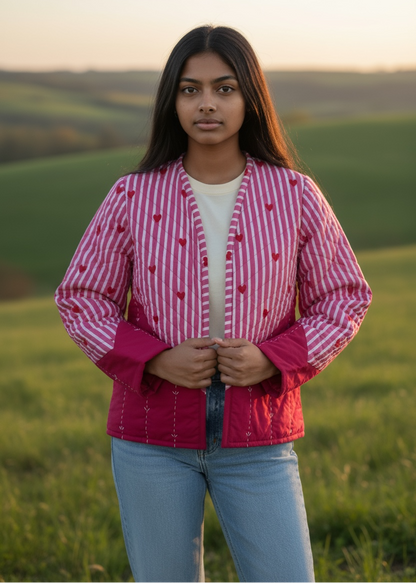 Model wearing ThatRomeo’s Heartline Quilted Jacket — pink striped cotton jacket with red heart embroidery and relaxed fit.