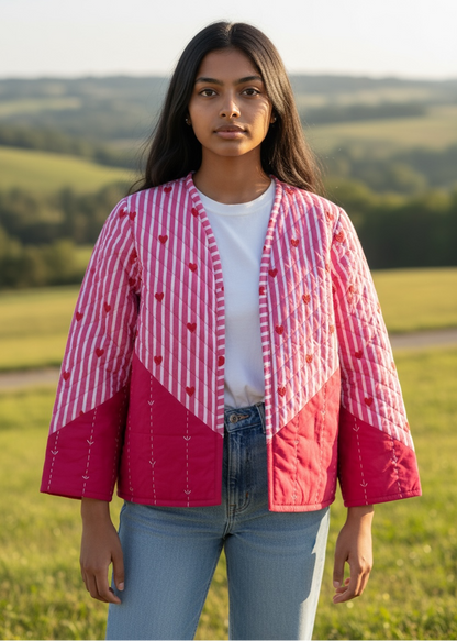 Model wearing ThatRomeo’s Heartline Quilted Jacket — pink striped cotton jacket with red heart embroidery and relaxed fit.