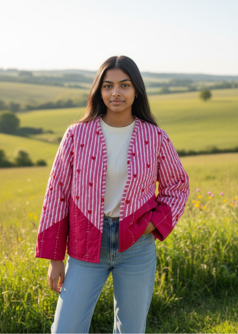 Model wearing ThatRomeo’s Heartline Quilted Jacket — pink striped cotton jacket with red heart embroidery and relaxed fit.
