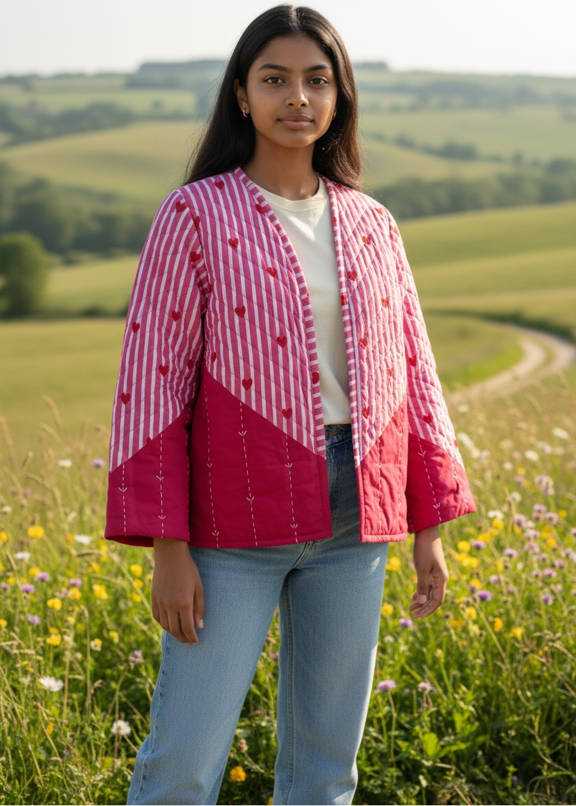 Model wearing ThatRomeo’s Heartline Quilted Jacket — pink striped cotton jacket with red heart embroidery and relaxed fit.