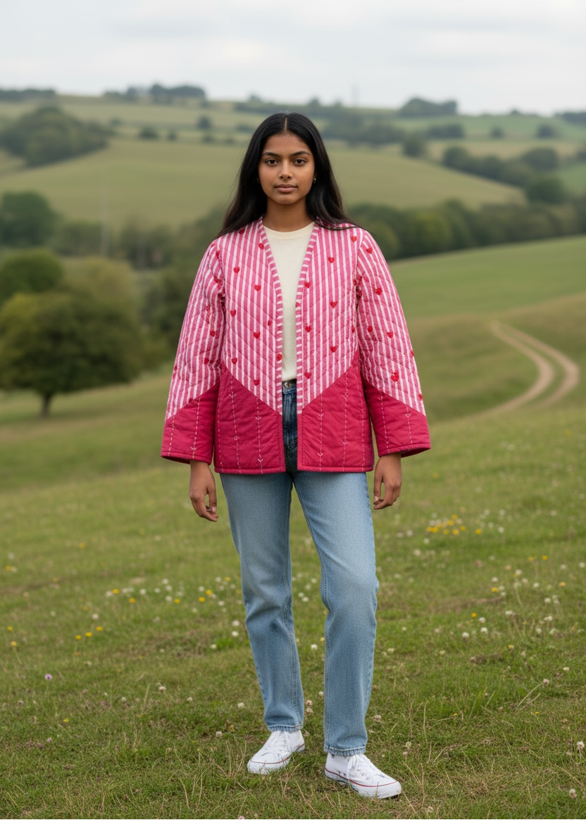 Model wearing ThatRomeo’s Heartline Quilted Jacket — pink striped cotton jacket with red heart embroidery and relaxed fit.