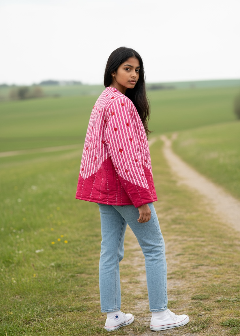 Model wearing ThatRomeo’s Heartline Quilted Jacket — pink striped cotton jacket with red heart embroidery and relaxed fit.
