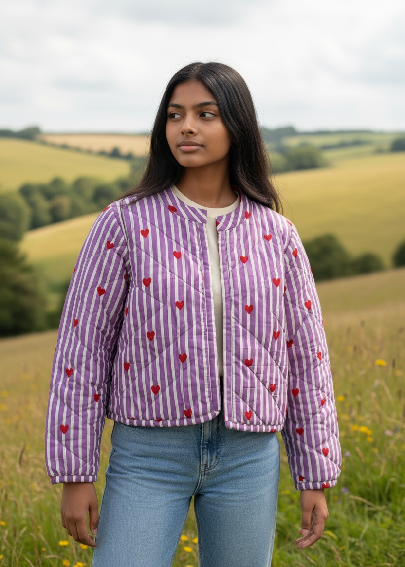 Model wearing ThatRomeo’s Lavender Love Quilted Jacket — lavender striped jacket with red embroidered hearts and open front.