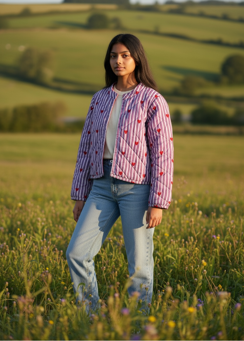 Model wearing ThatRomeo’s Lavender Love Quilted Jacket — lavender striped jacket with red embroidered hearts and open front.