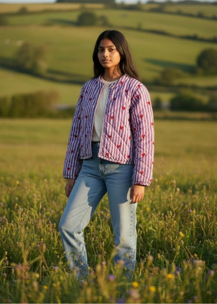Model wearing ThatRomeo’s Lavender Love Quilted Jacket — lavender striped jacket with red embroidered hearts and open front.