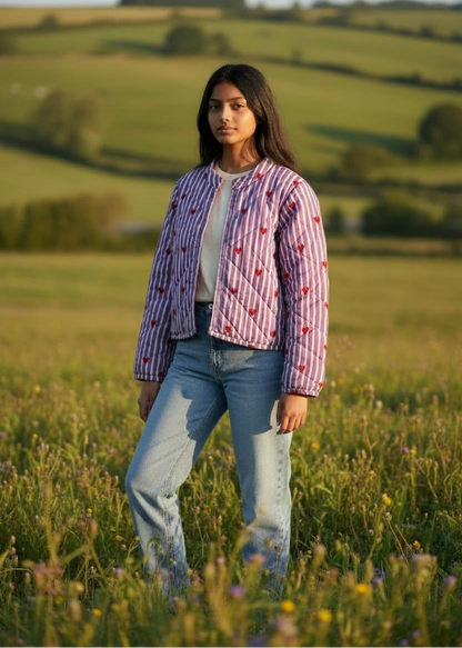 Model wearing ThatRomeo’s Lavender Love Quilted Jacket — lavender striped jacket with red embroidered hearts and open front.