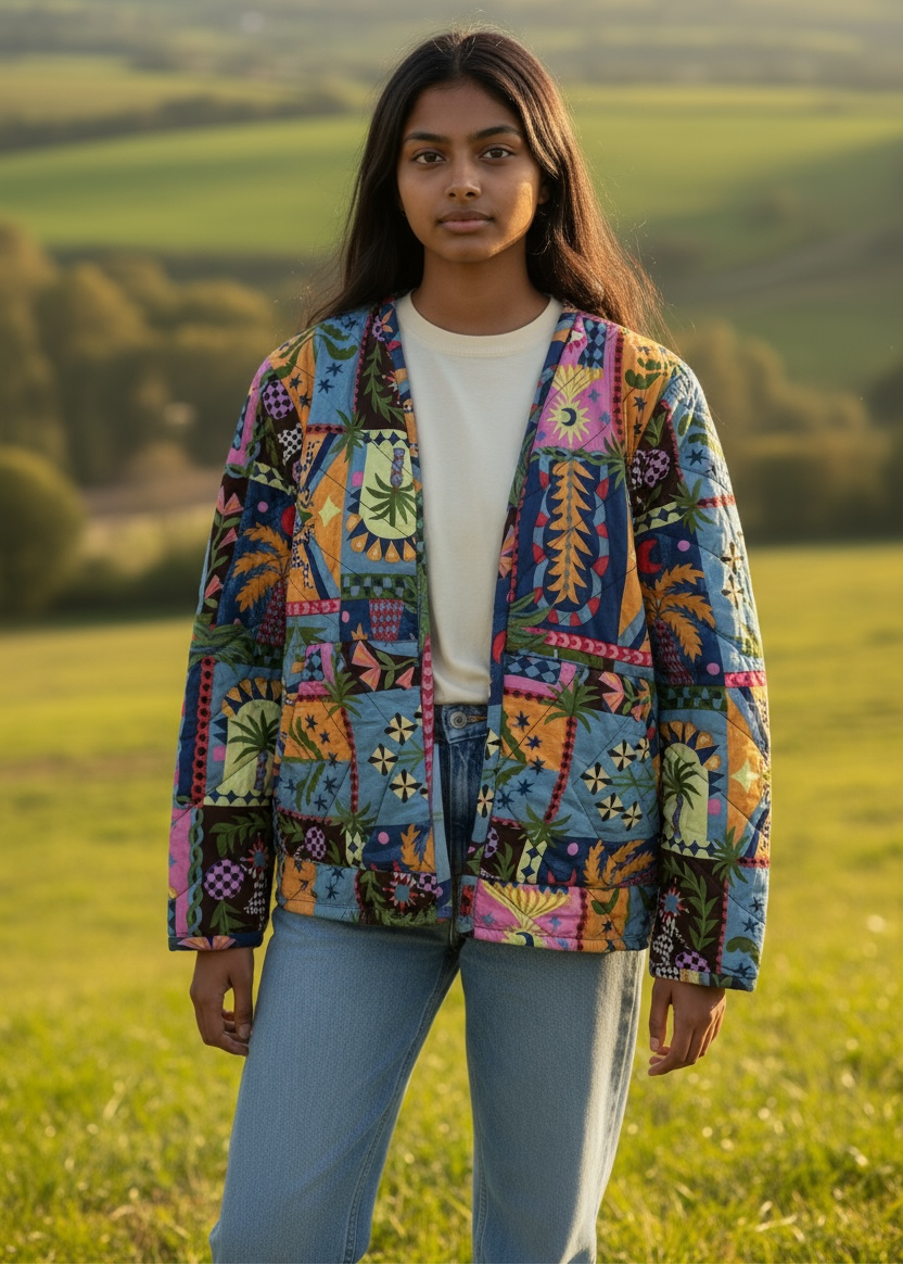 Model wearing ThatRomeo’s Patchwork Poetry Quilted Jacket — multi-color patchwork cotton jacket with mixed motifs and open front.