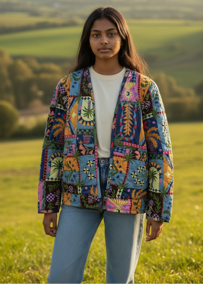 Model wearing ThatRomeo’s Patchwork Poetry Quilted Jacket — multi-color patchwork cotton jacket with mixed motifs and open front.