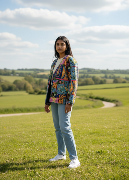 Model wearing ThatRomeo’s Patchwork Poetry Quilted Jacket — multi-color patchwork cotton jacket with mixed motifs and open front.