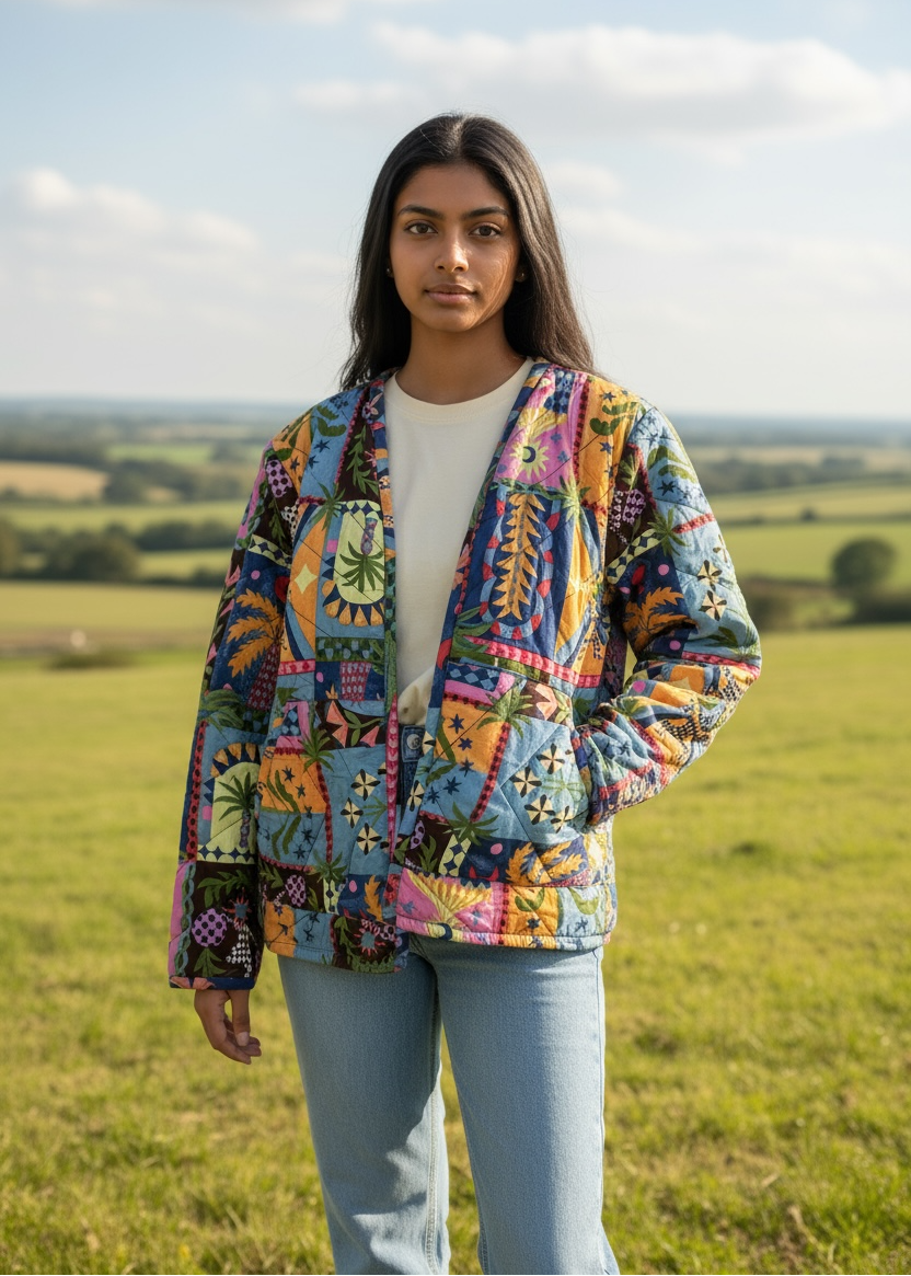 Model wearing ThatRomeo’s Patchwork Poetry Quilted Jacket — multi-color patchwork cotton jacket with mixed motifs and open front.