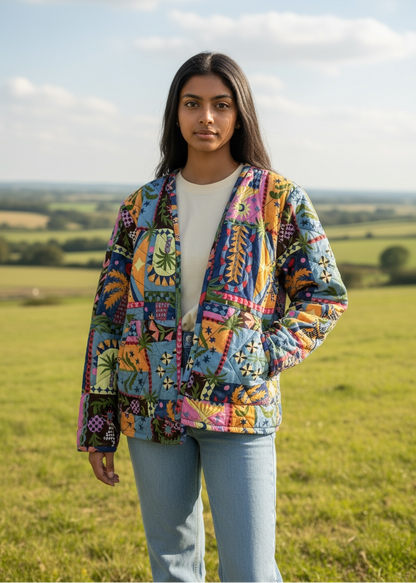 Model wearing ThatRomeo’s Patchwork Poetry Quilted Jacket — multi-color patchwork cotton jacket with mixed motifs and open front.