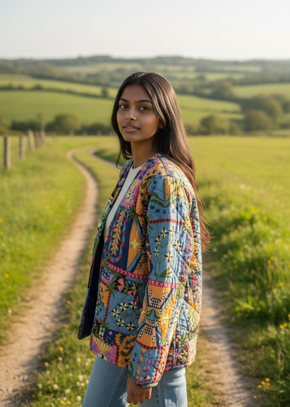 Model wearing ThatRomeo’s Patchwork Poetry Quilted Jacket — multi-color patchwork cotton jacket with mixed motifs and open front.