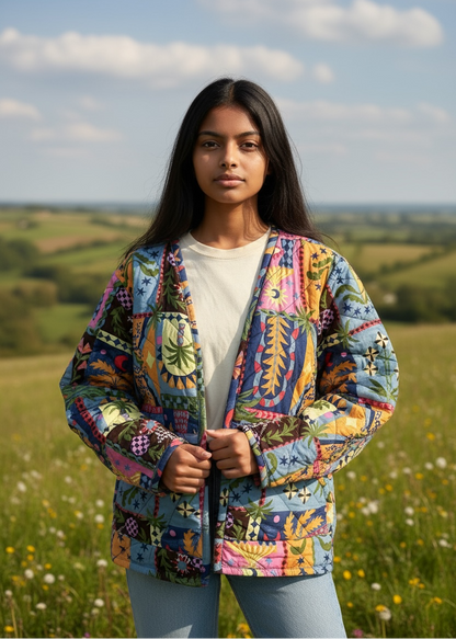 Model wearing ThatRomeo’s Patchwork Poetry Quilted Jacket — multi-color patchwork cotton jacket with mixed motifs and open front.