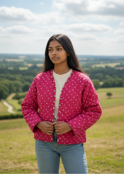 Model wearing ThatRomeo’s Pink Pebble Quilted Jacket — berry-pink quilted cotton jacket with white pebble-dot motif.