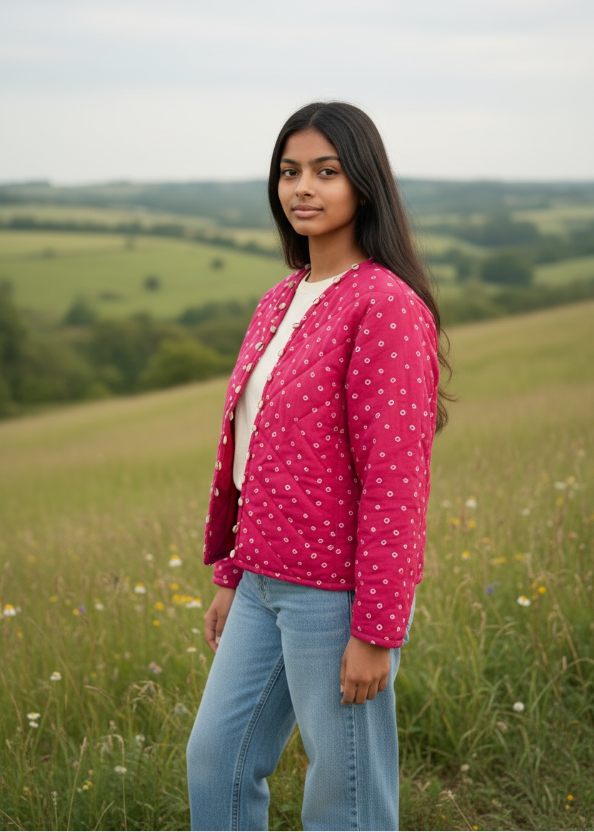 Model wearing ThatRomeo’s Pink Pebble Quilted Jacket — berry-pink quilted cotton jacket with white pebble-dot motif.