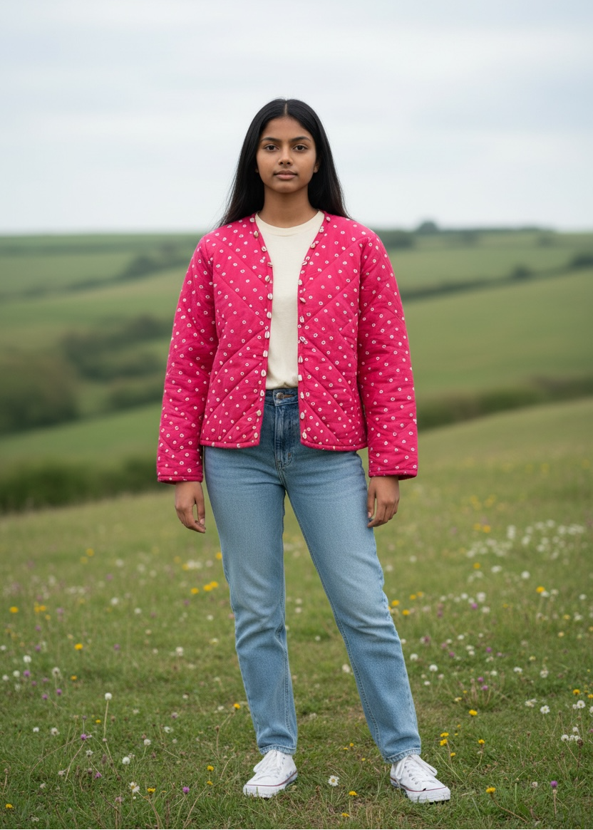 Model wearing ThatRomeo’s Pink Pebble Quilted Jacket — berry-pink quilted cotton jacket with white pebble-dot motif.