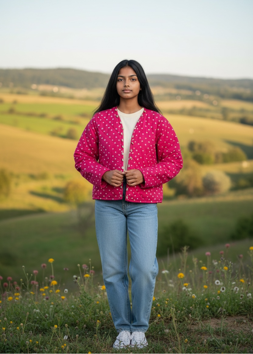 Model wearing ThatRomeo’s Pink Pebble Quilted Jacket — berry-pink quilted cotton jacket with white pebble-dot motif.