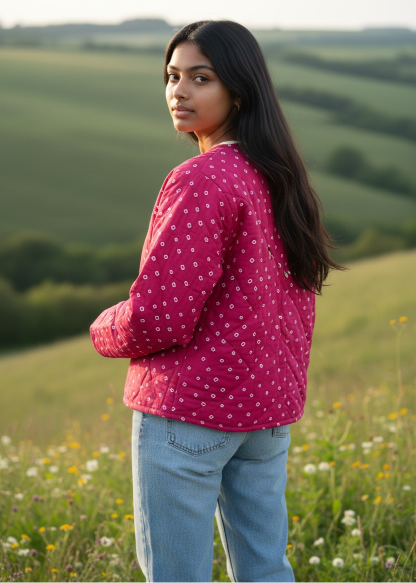 Model wearing ThatRomeo’s Pink Pebble Quilted Jacket — berry-pink quilted cotton jacket with white pebble-dot motif.