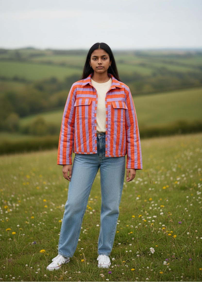 Model wearing ThatRomeo’s Sunset Stripe Quilted Jacket — orange and lavender striped cotton jacket with collar and pockets.