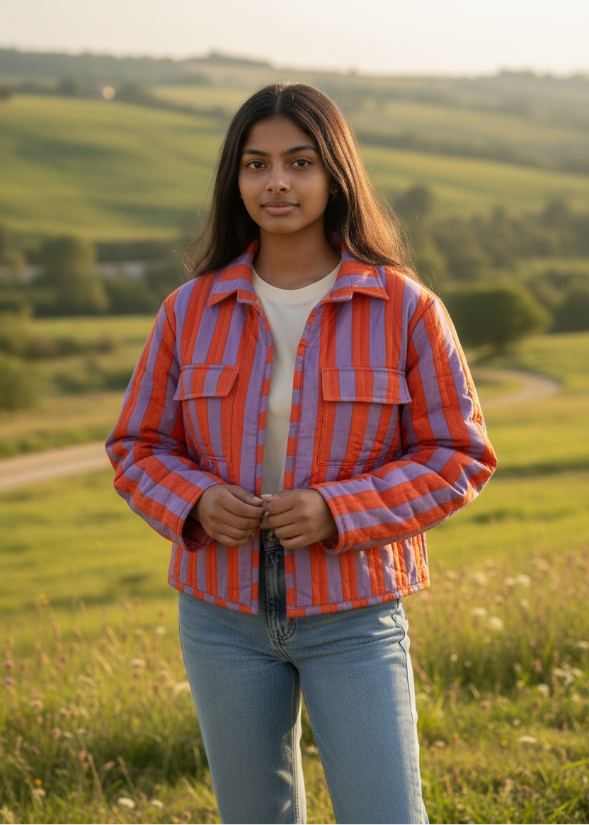 Model wearing ThatRomeo’s Sunset Stripe Quilted Jacket — orange and lavender striped cotton jacket with collar and pockets.