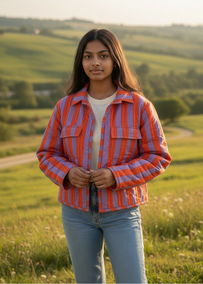 Model wearing ThatRomeo’s Sunset Stripe Quilted Jacket — orange and lavender striped cotton jacket with collar and pockets.