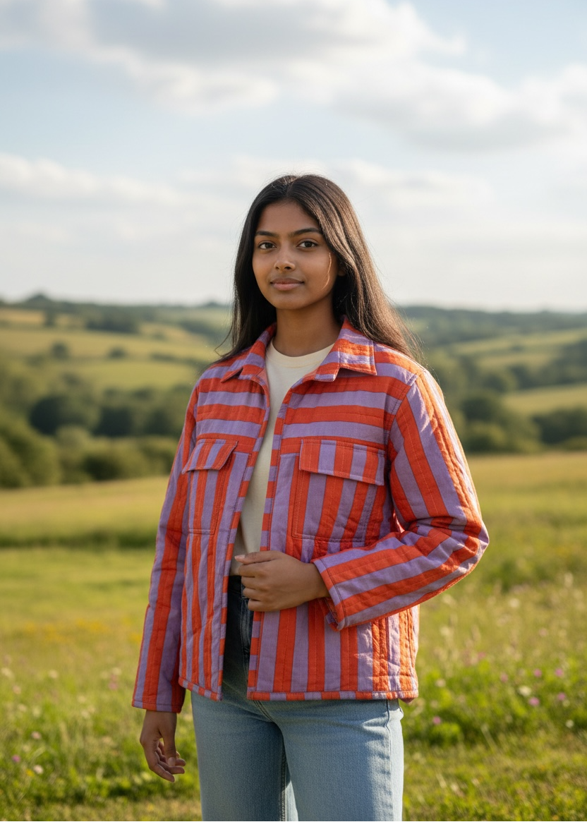 Model wearing ThatRomeo’s Sunset Stripe Quilted Jacket — orange and lavender striped cotton jacket with collar and pockets.