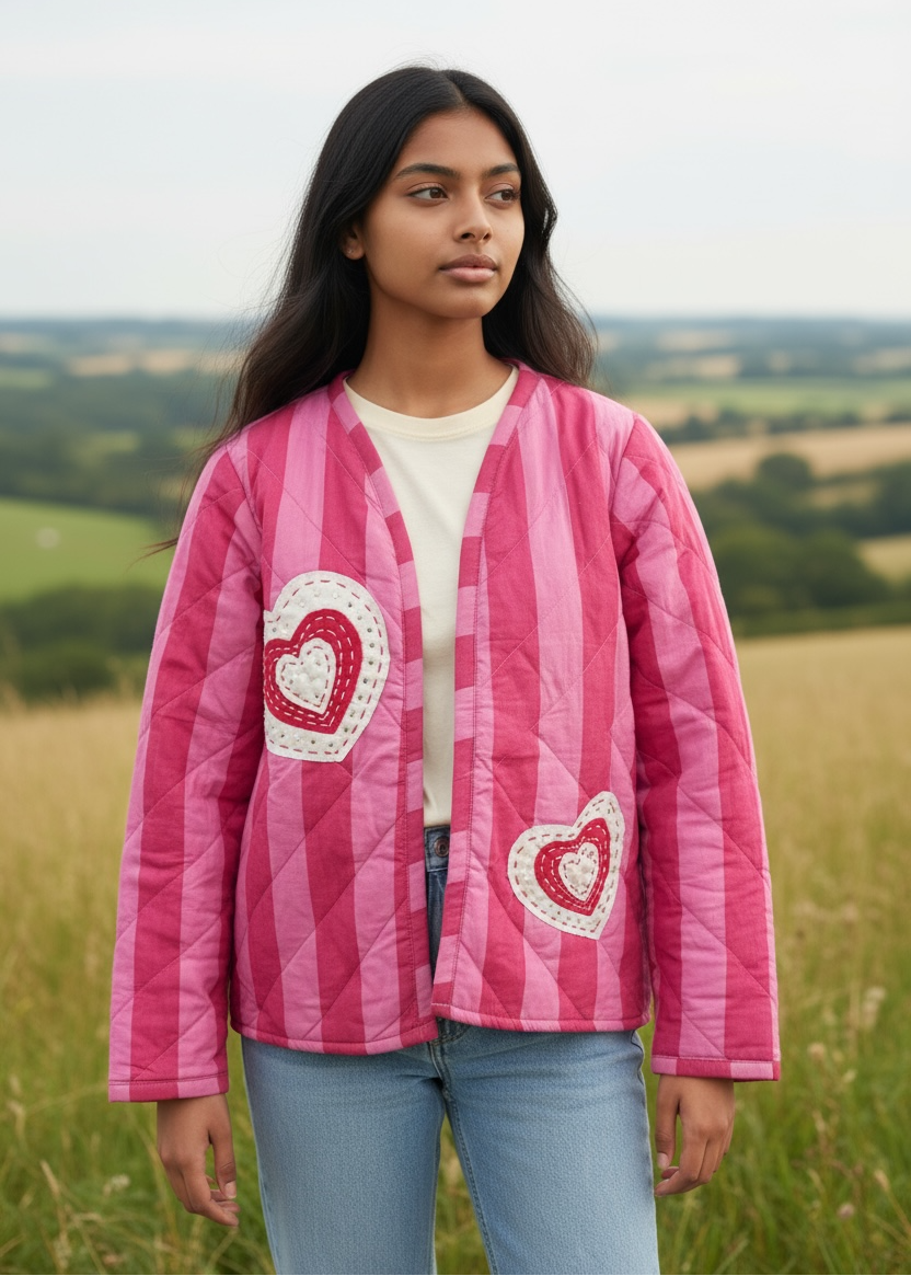 Model wearing ThatRomeo’s Sweetheart Patch Quilted Jacket — pink striped cotton jacket with heart patches and relaxed open front.