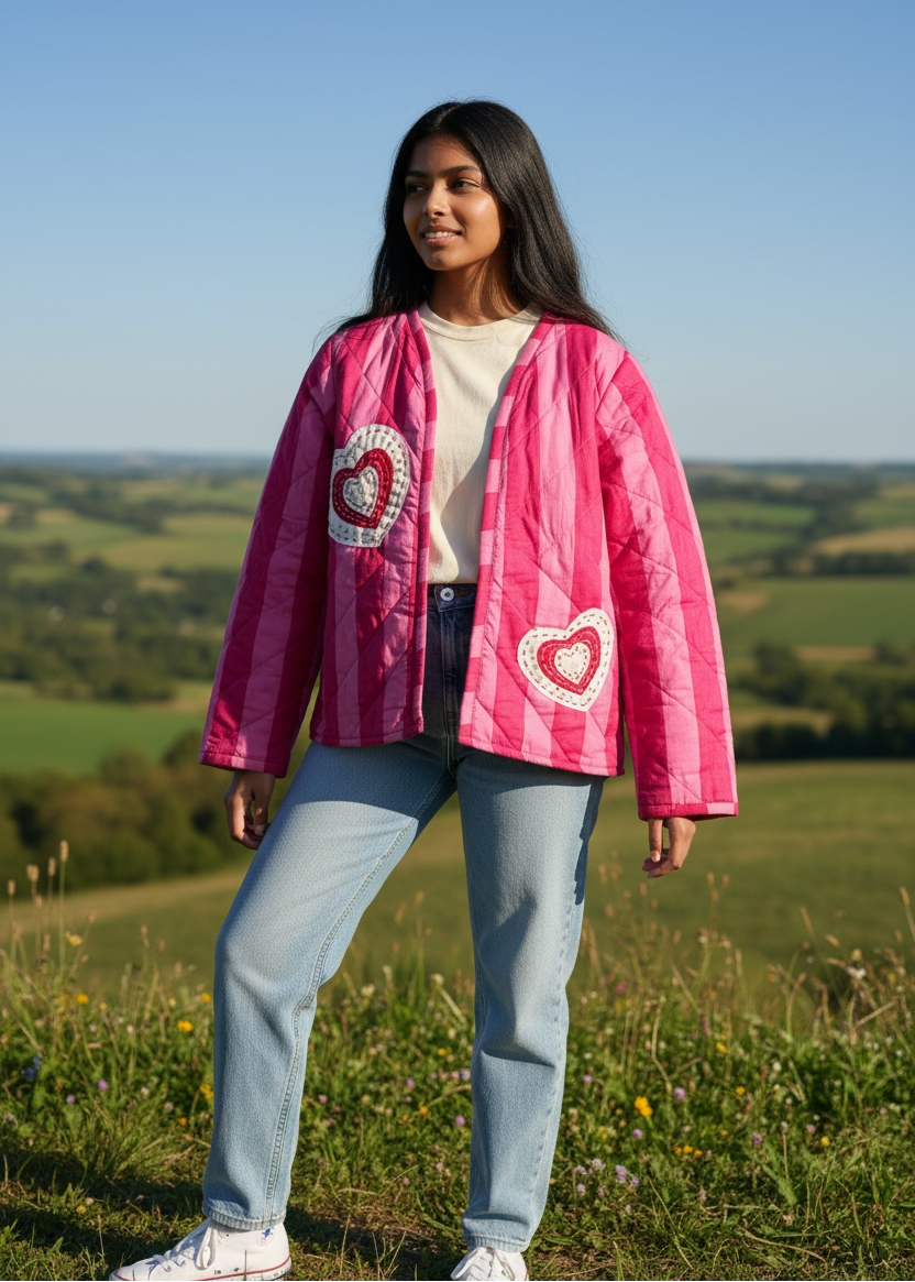 Model wearing ThatRomeo’s Sweetheart Patch Quilted Jacket — pink striped cotton jacket with heart patches and relaxed open front.