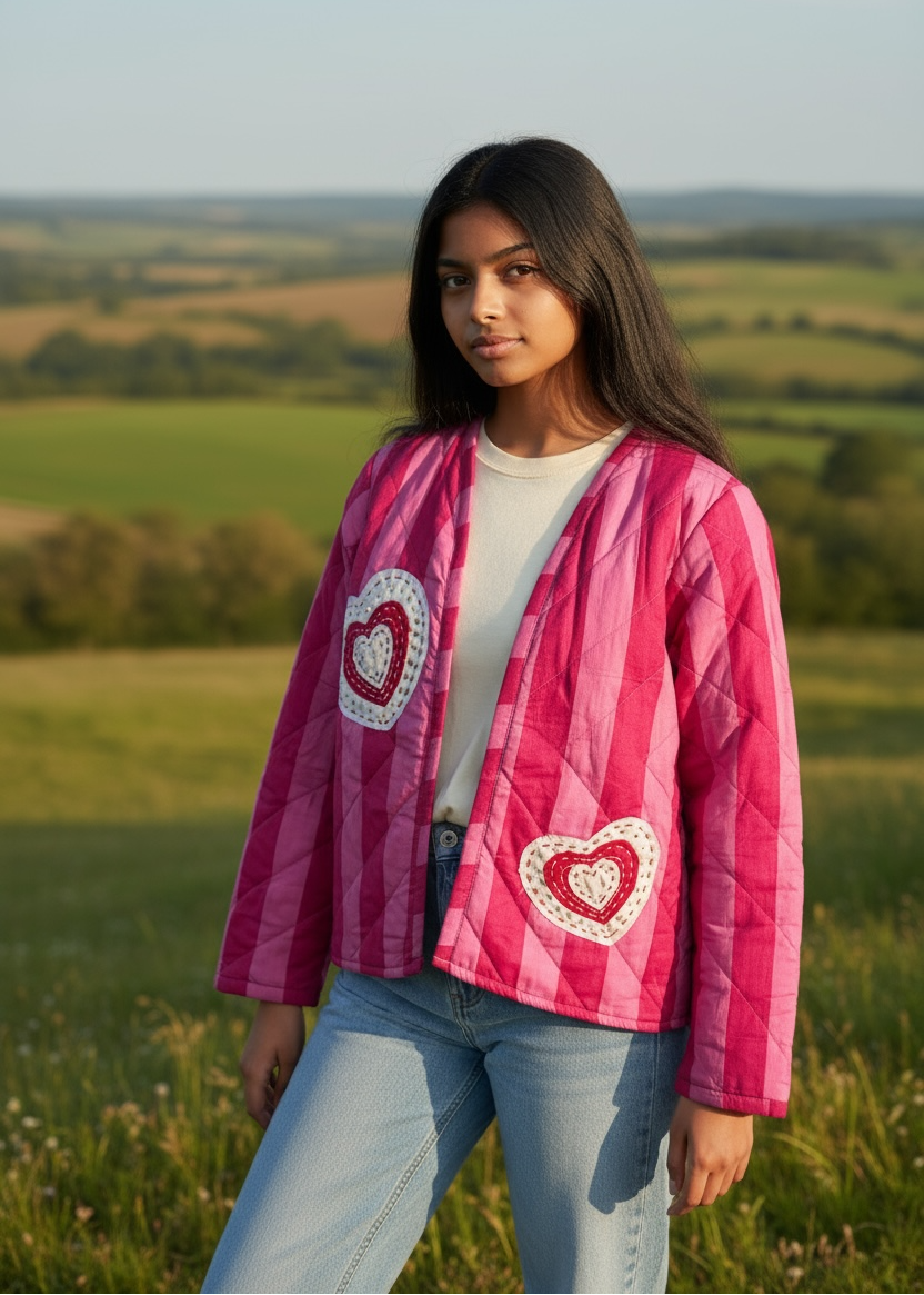 Model wearing ThatRomeo’s Sweetheart Patch Quilted Jacket — pink striped cotton jacket with heart patches and relaxed open front.