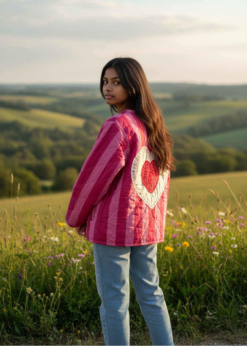 Model wearing ThatRomeo’s Sweetheart Patch Quilted Jacket — pink striped cotton jacket with heart patches and relaxed open front.