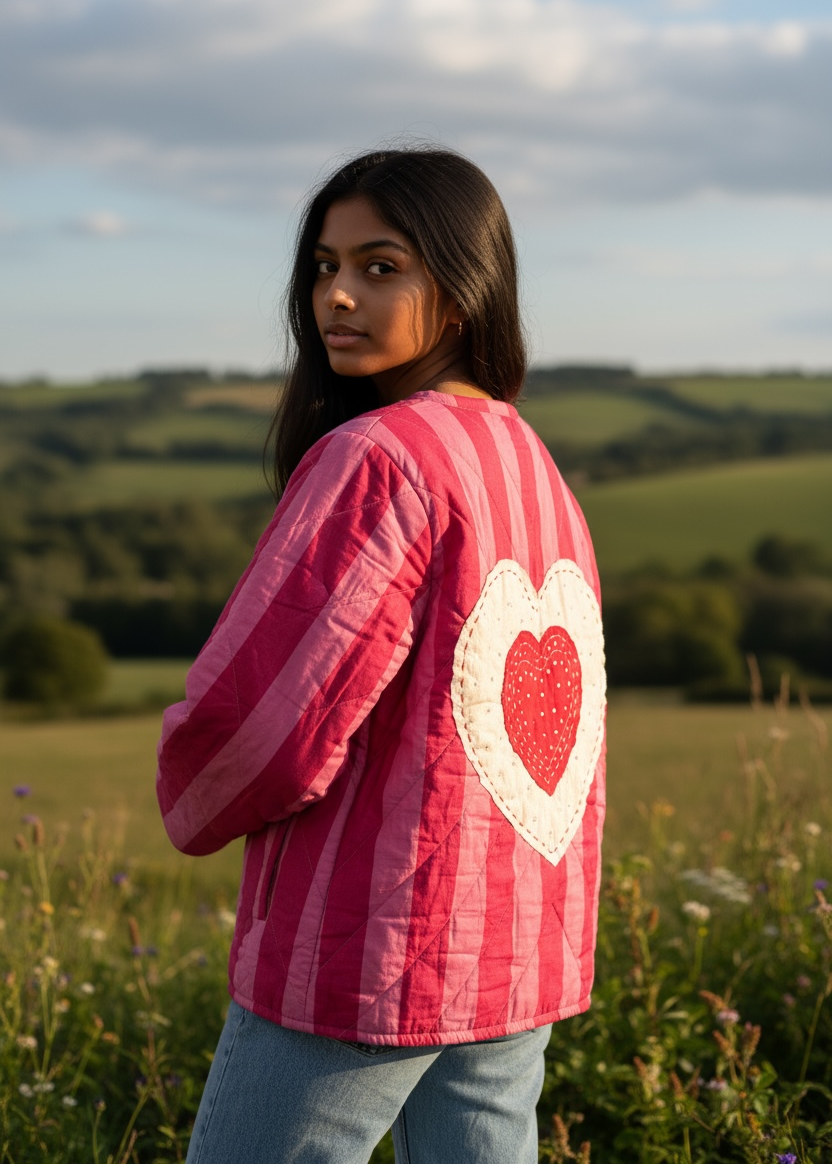 Model wearing ThatRomeo’s Sweetheart Patch Quilted Jacket — pink striped cotton jacket with heart patches and relaxed open front.
