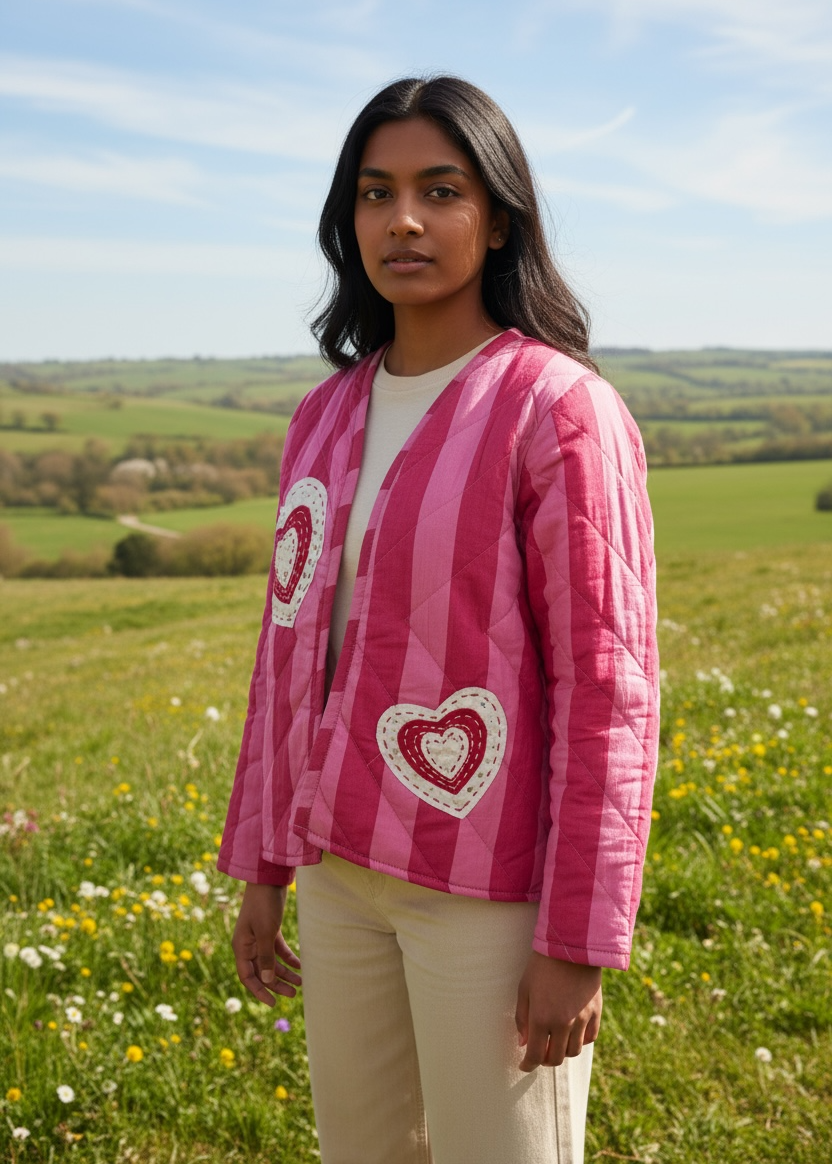 Model wearing ThatRomeo’s Sweetheart Patch Quilted Jacket — pink striped cotton jacket with heart patches and relaxed open front.
