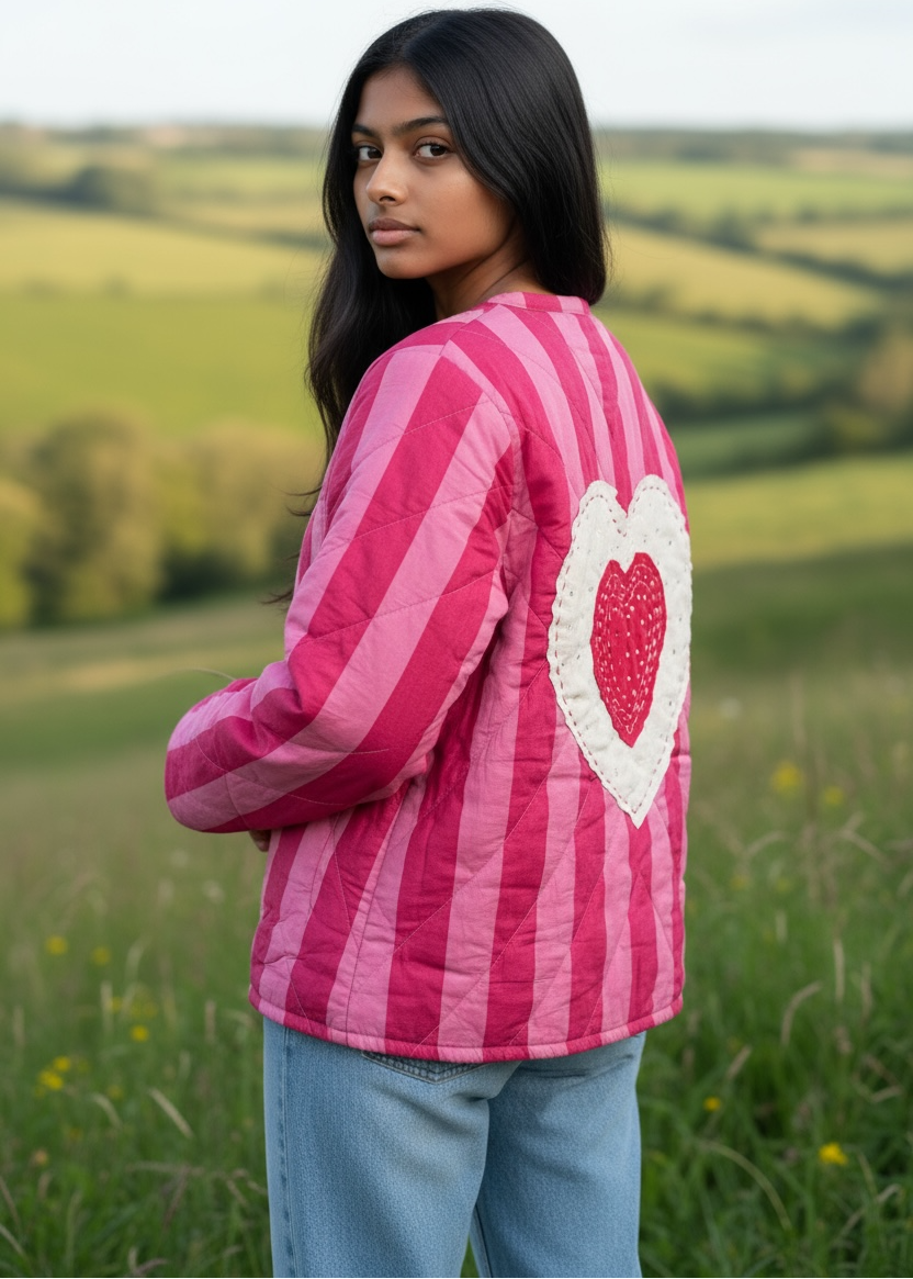 Model wearing ThatRomeo’s Sweetheart Patch Quilted Jacket — pink striped cotton jacket with heart patches and relaxed open front.