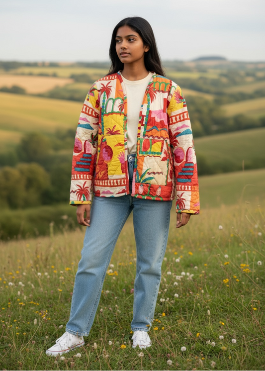 Model wearing ThatRomeo’s Tropical Tale Quilted Jacket — multicolor tropical print cotton jacket with relaxed fit.