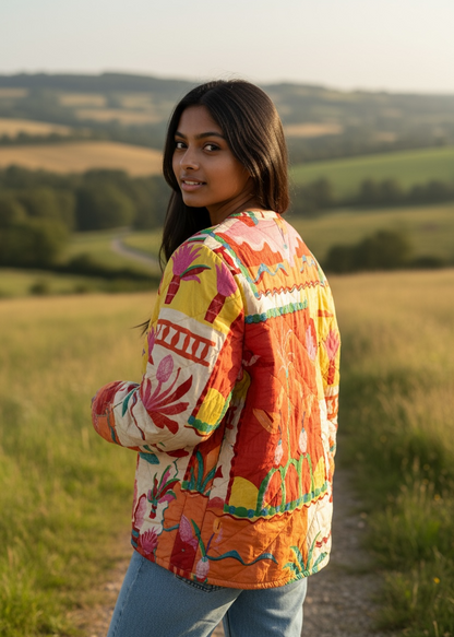 Model wearing ThatRomeo’s Tropical Tale Quilted Jacket — multicolor tropical print cotton jacket with relaxed fit.