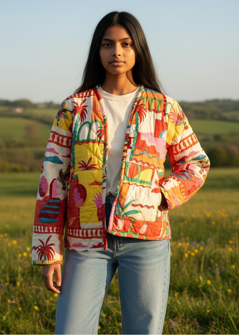 Model wearing ThatRomeo’s Tropical Tale Quilted Jacket — multicolor tropical print cotton jacket with relaxed fit.