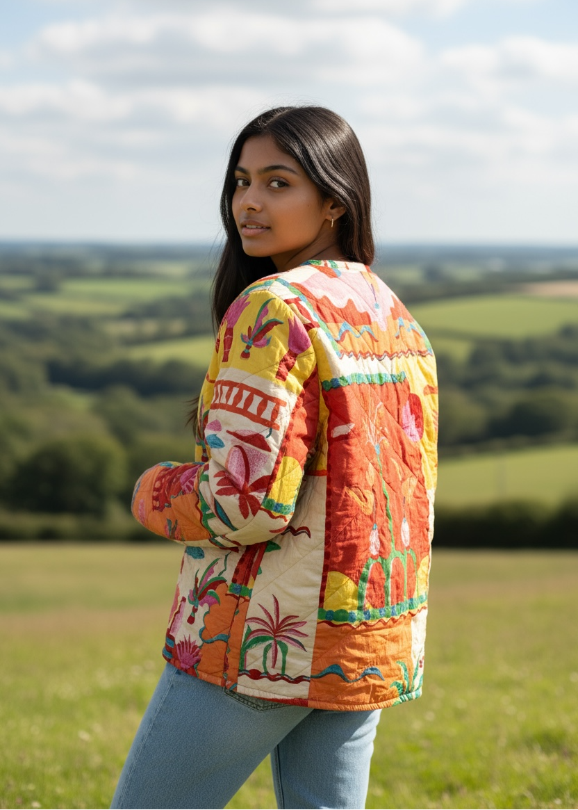Model wearing ThatRomeo’s Tropical Tale Quilted Jacket — multicolor tropical print cotton jacket with relaxed fit.