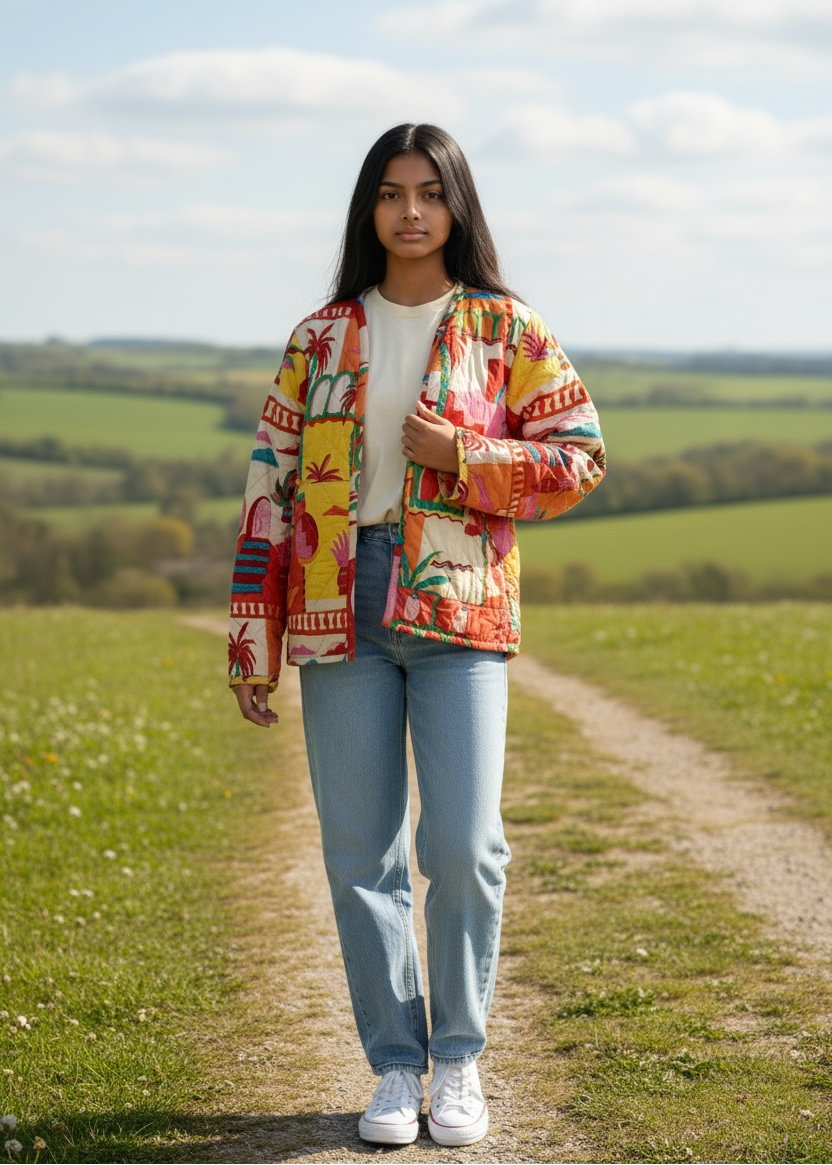 Model wearing ThatRomeo’s Tropical Tale Quilted Jacket — multicolor tropical print cotton jacket with relaxed fit.
