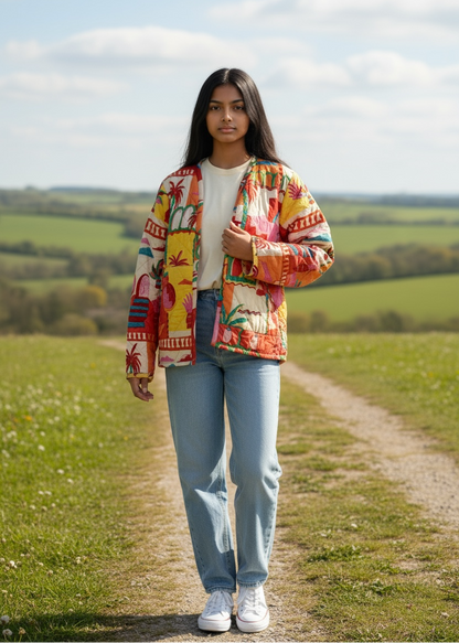 Model wearing ThatRomeo’s Tropical Tale Quilted Jacket — multicolor tropical print cotton jacket with relaxed fit.