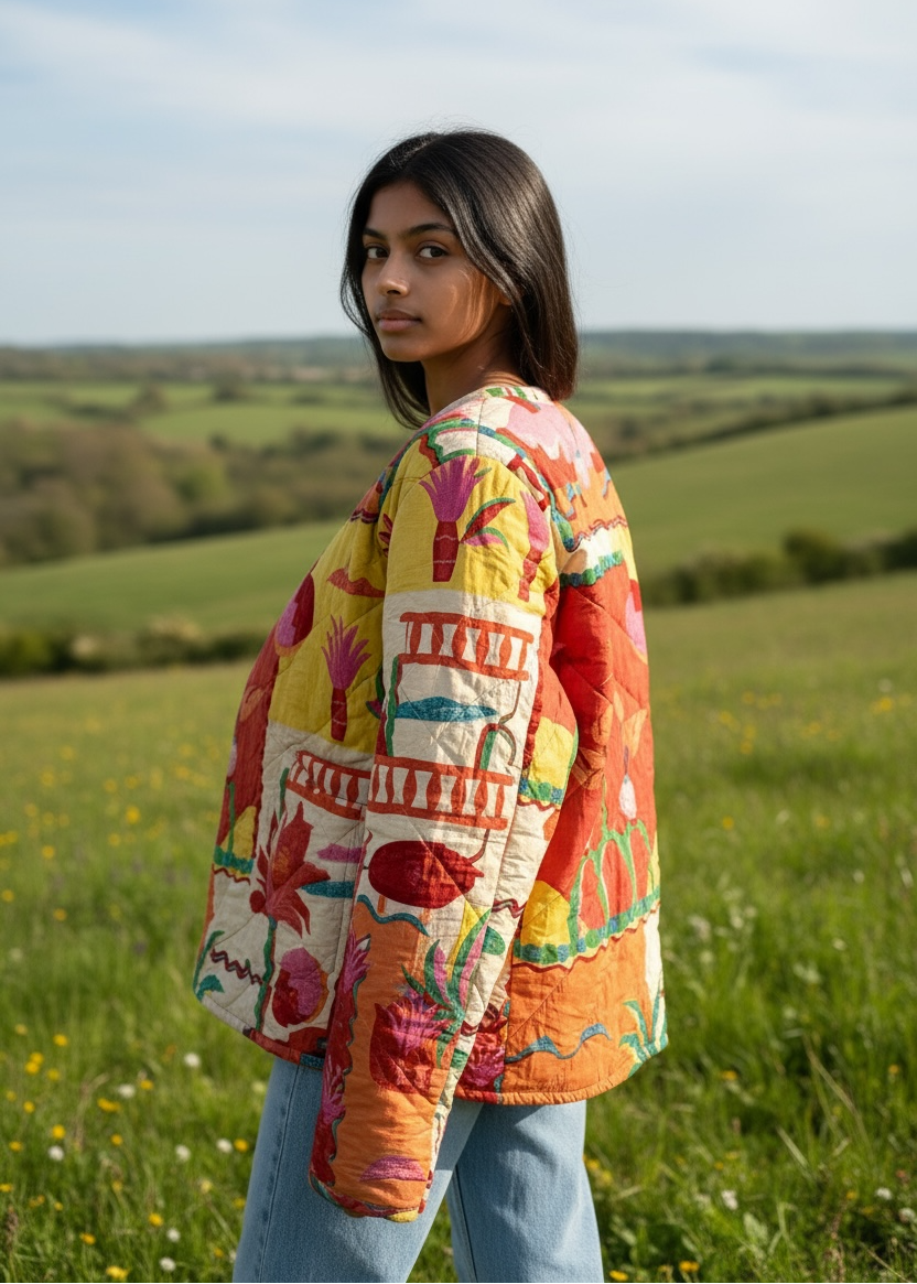 Model wearing ThatRomeo’s Tropical Tale Quilted Jacket — multicolor tropical print cotton jacket with relaxed fit.