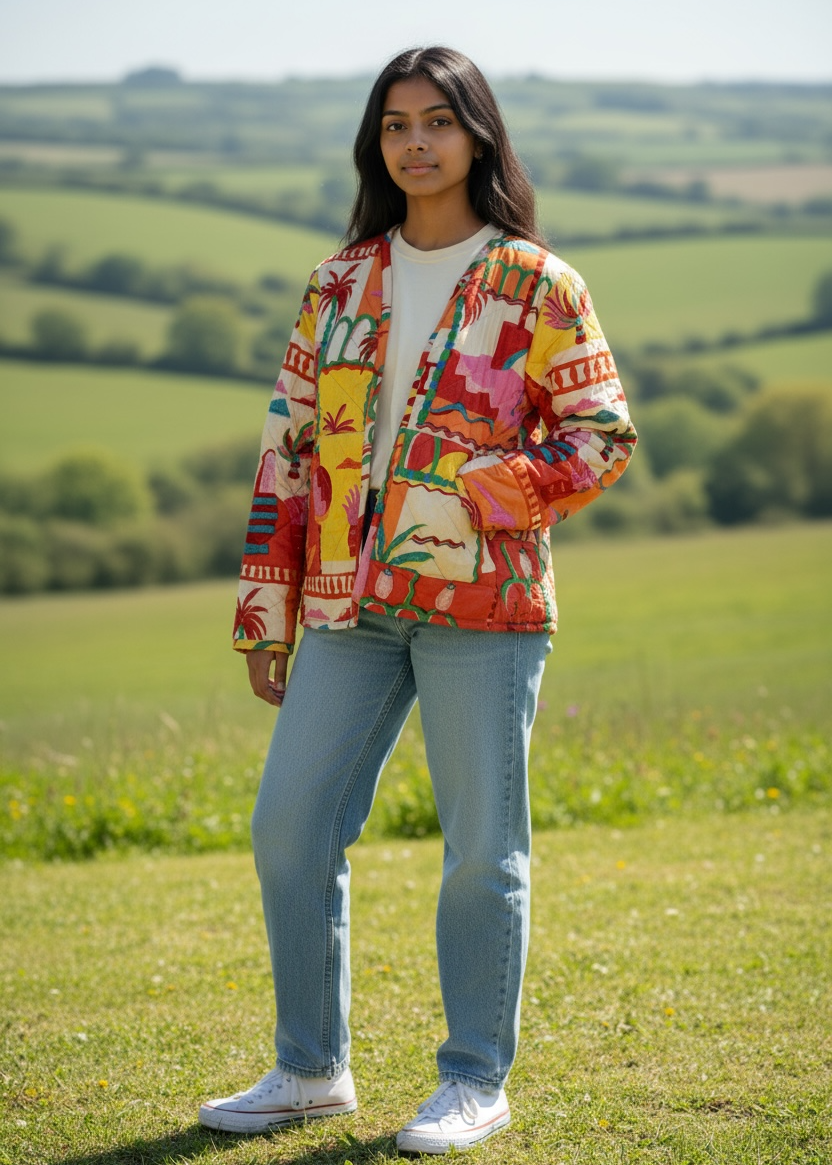 Model wearing ThatRomeo’s Tropical Tale Quilted Jacket — multicolor tropical print cotton jacket with relaxed fit.